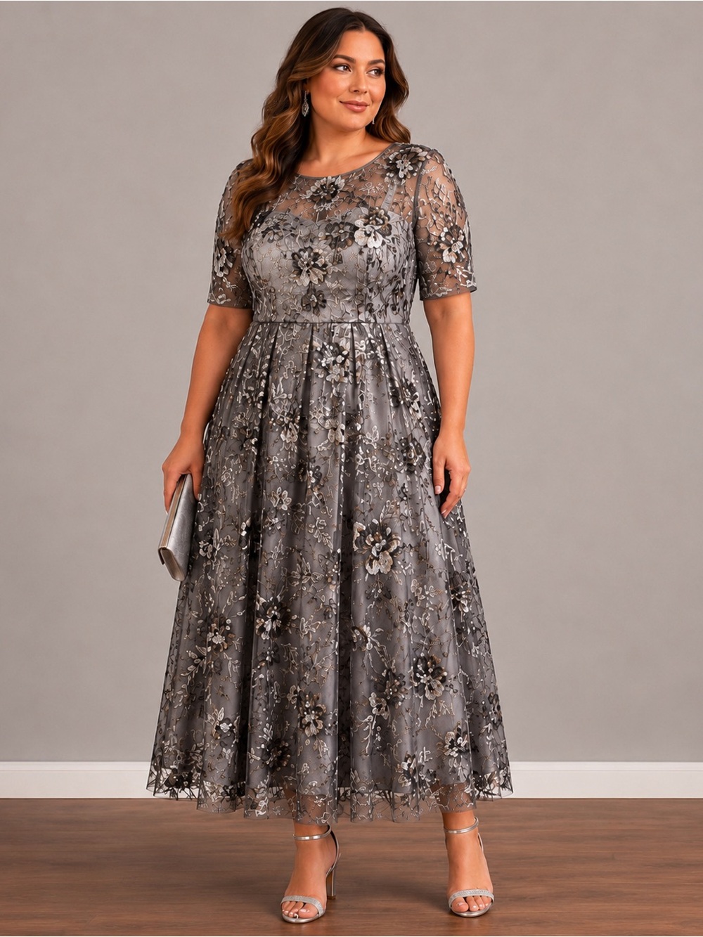 Eliza J Silver Gray Midi Dress Sz 14 Floral Sequin Embroidered Formal Occasion